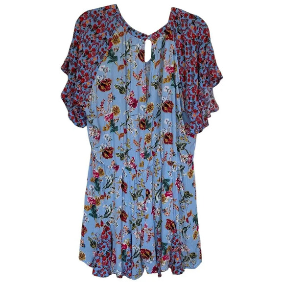 UMGEE + Floral Mixed Print Split Neck Ruffle Sleeve Romper Sky Blue Plus Size 2X - Picture 3 of 7